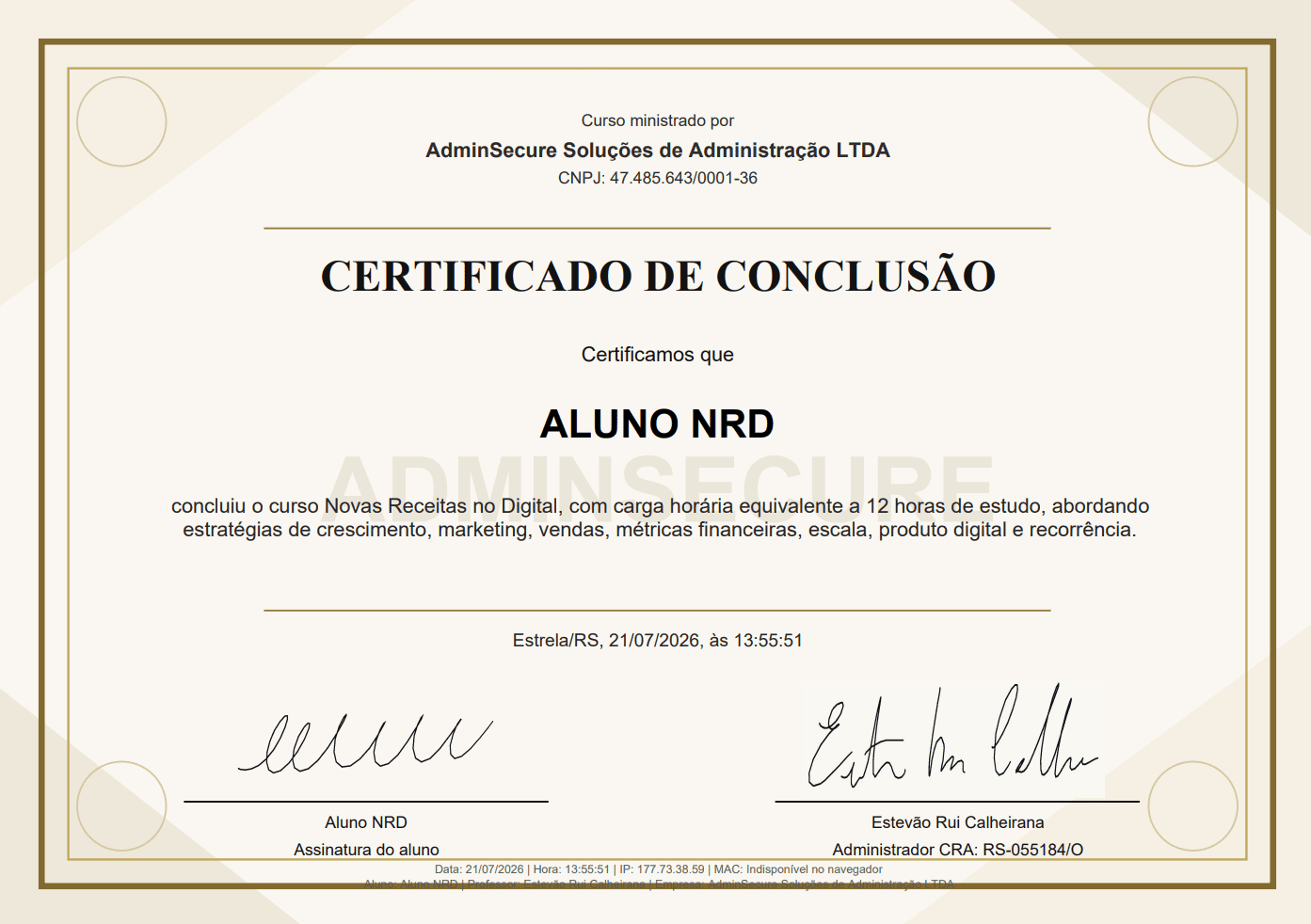 Exemplo de certificado de conclusão do curso Novas Receitas no Digital